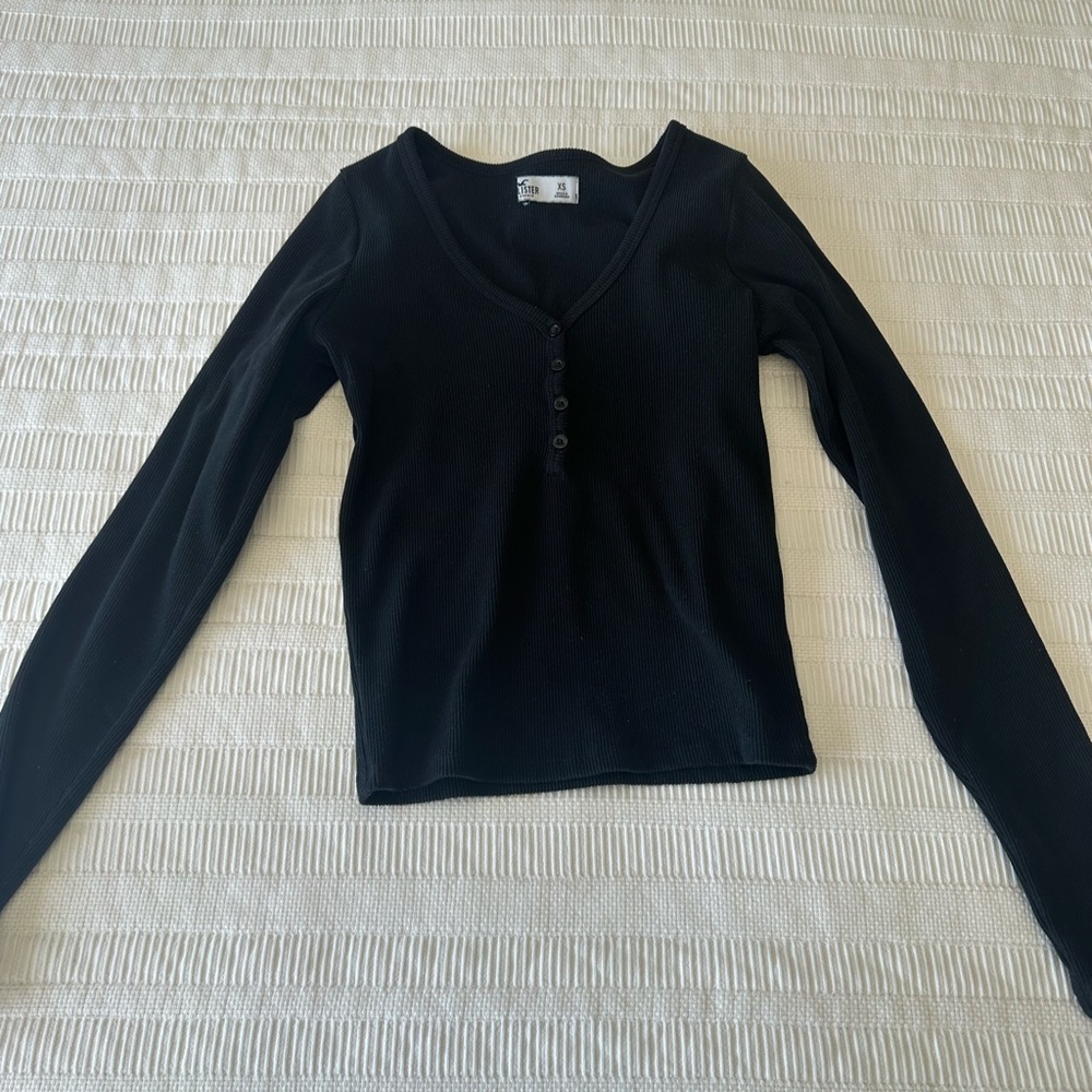 Black Ribbed Henley Long Sleeve Top
